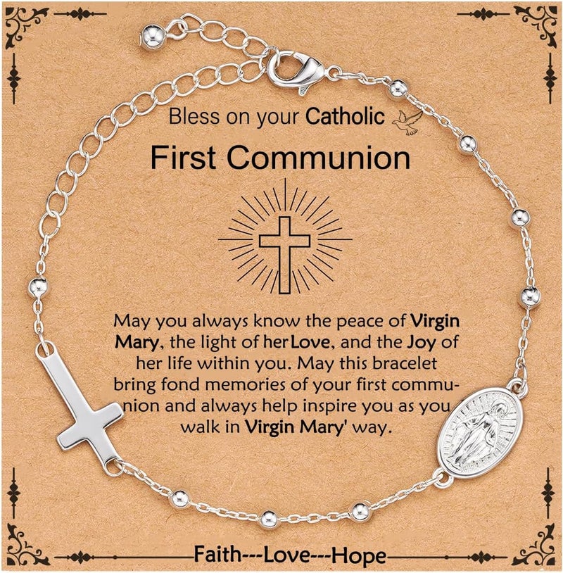 VULETO Catholic Virgin Mary Cross Bracelet Gifts for Girls Teens Women, Rosary Beads Charm Link Chain Bracelet Christmas Christian Religious Jewelry Gifts - Image 1